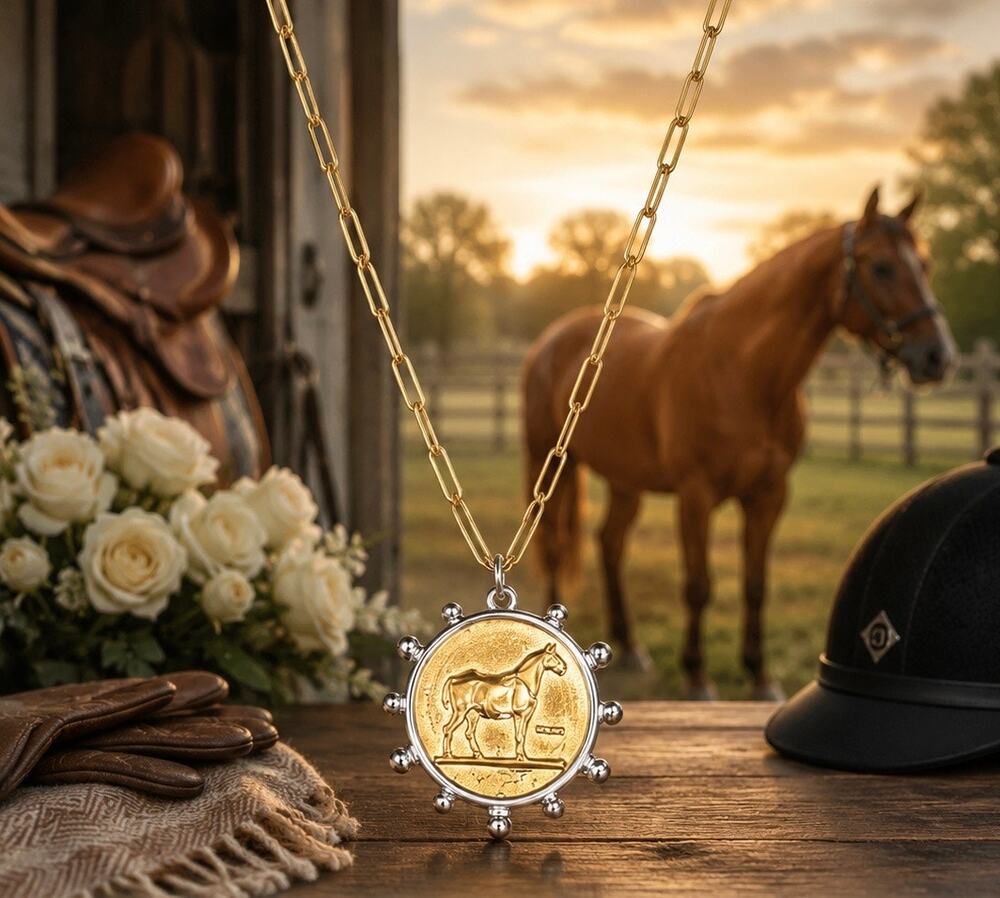 Equestrian Horse Medallion Necklace 18K Gold PVD 20”+2” Paperclip Chain